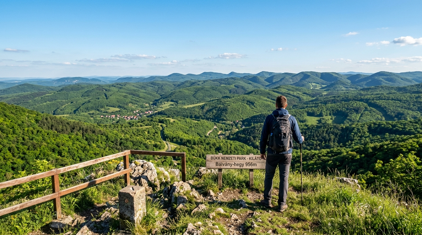 Panorámás kilátás Mátra vidékéről, zöld dombokkal és tiszta éggel